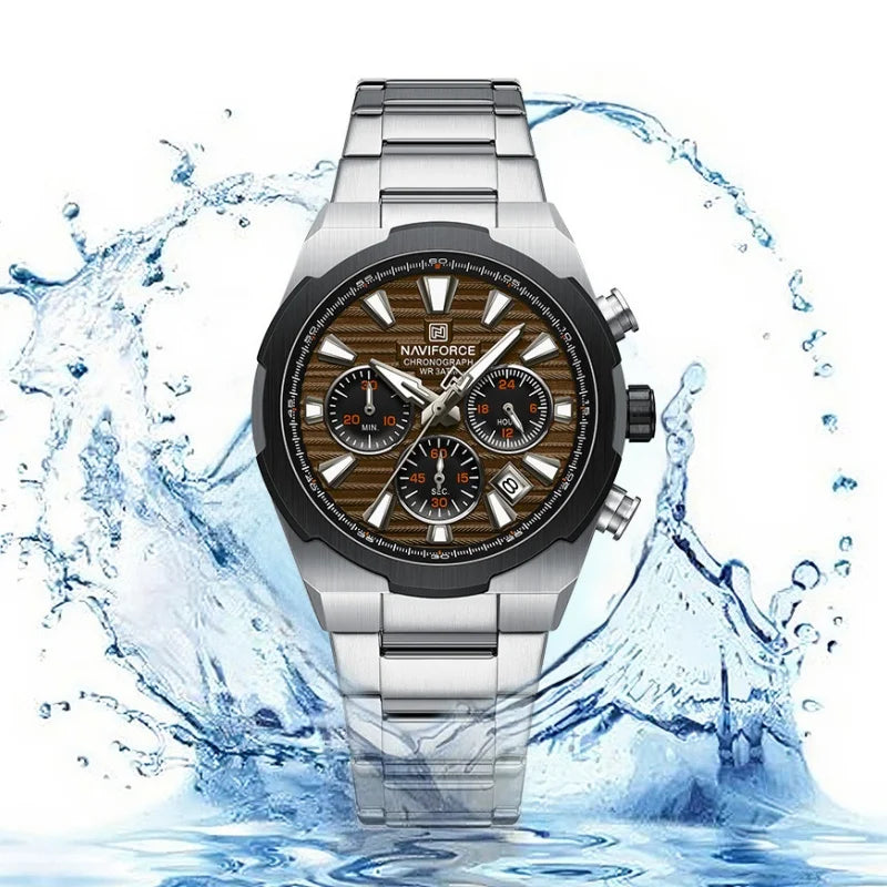 NAVIFORCE Men's Quartz Watch Multifunctional Calendar Stopwatch Luminous 30ATM Waterproof Stainless Steel Band Wristwatch