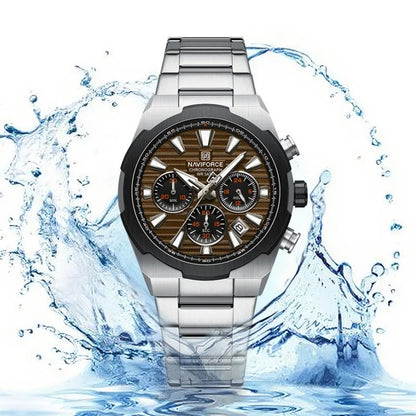 NAVIFORCE Men's Quartz Watch Multifunctional Calendar Stopwatch Luminous 30ATM Waterproof Stainless Steel Band Wristwatch