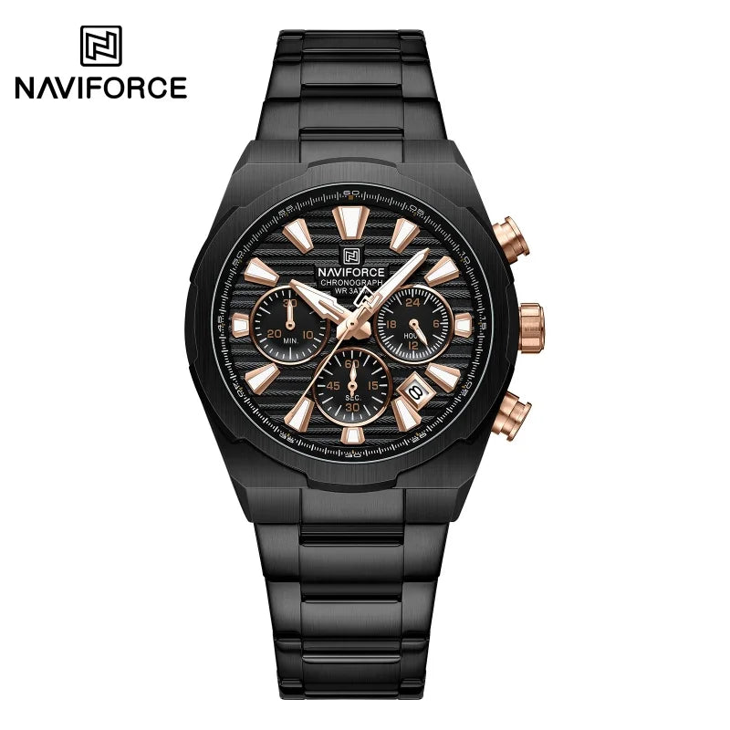 NAVIFORCE Men's Quartz Watch Multifunctional Calendar Stopwatch Luminous 30ATM Waterproof Stainless Steel Band Wristwatch