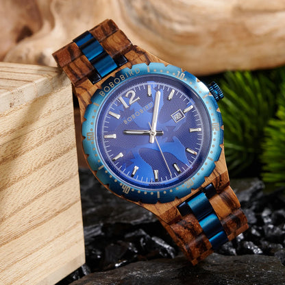 BOBOBIRD 2025 New Design Wooden Quartz Watch for Men Natural Wood Blue 43mm Dial Automatic Date Wristwatch Male for Men's gift
