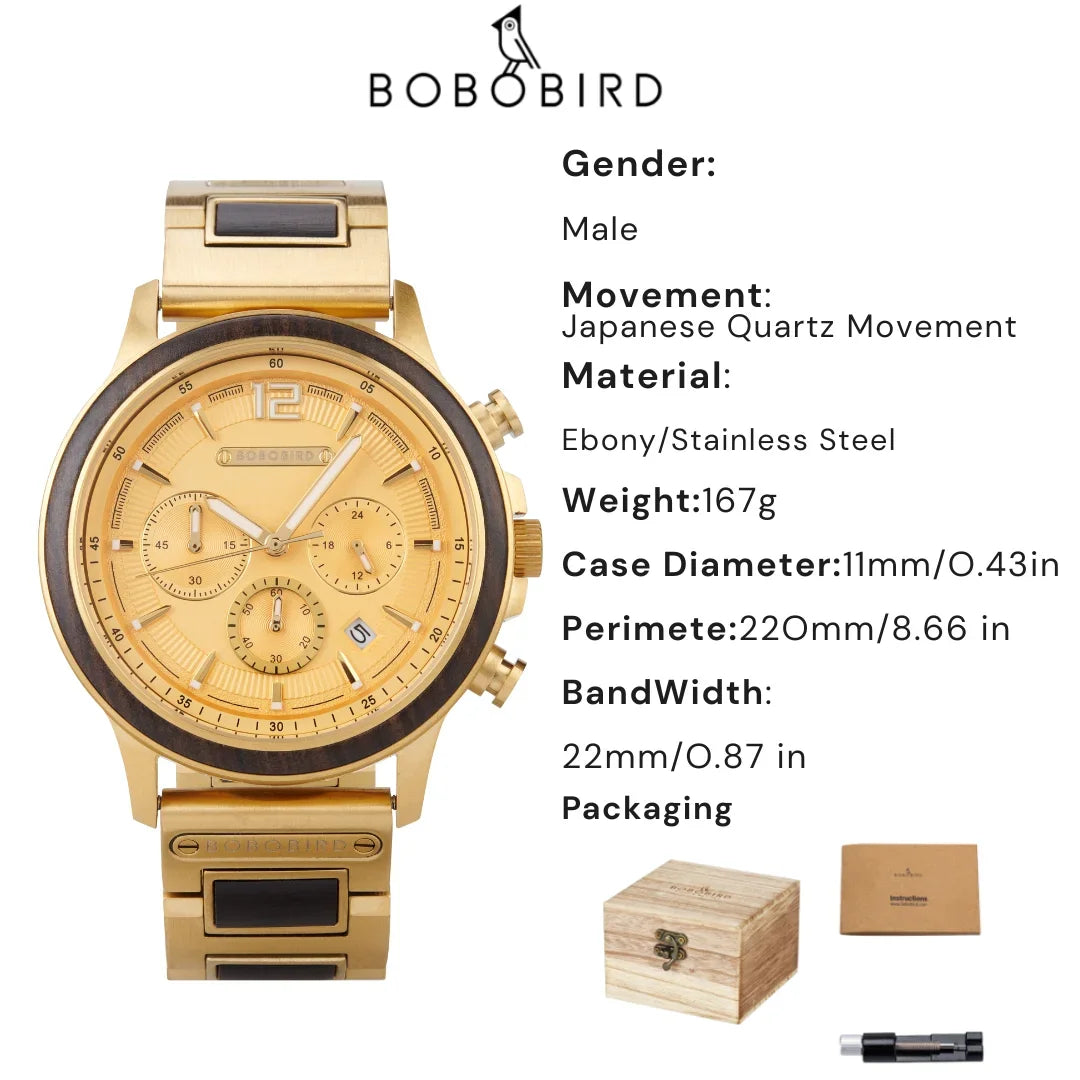 BOBOBIRD High Quality Men's Wood Watch Quartz Chronograph with Date Stainless Steel Wristwatch Gift for Him Support Dropshipping