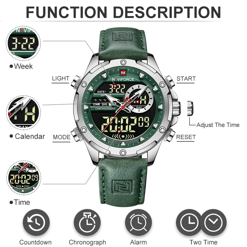 NAVIFORCE Fashion Watches male Casual Genuine Leather Wristwatch Military Waterproof Digital Chronograph Quartz Man Alarm Clocks