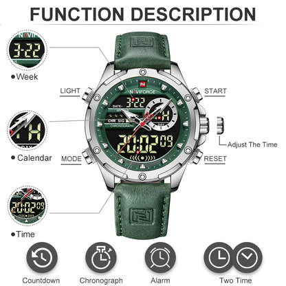 NAVIFORCE Fashion Watches male Casual Genuine Leather Wristwatch Military Waterproof Digital Chronograph Quartz Man Alarm Clocks