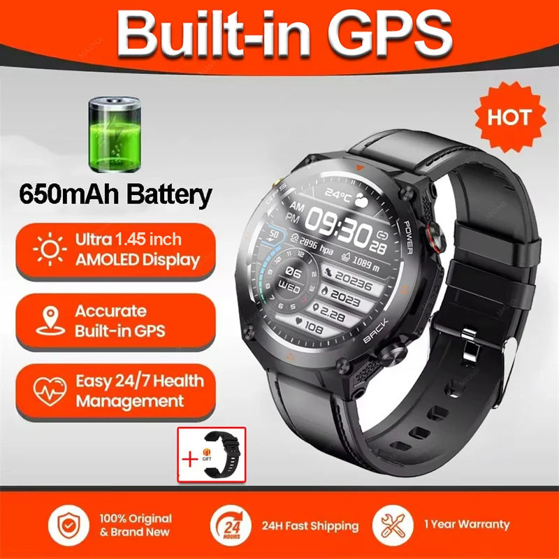 2026 New Military Outdoor Sports Smart Watch Men P68 Waterproof Built-in GPS Compass 650mAh Battery Bluetooth Call Smar twatch