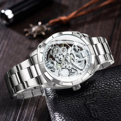 Forsining Gold Mens Watches Top Brand Luxury Skeleton Automatic Mechanical Watch for Men Stainless Steel Band Fashion Wristwatch
