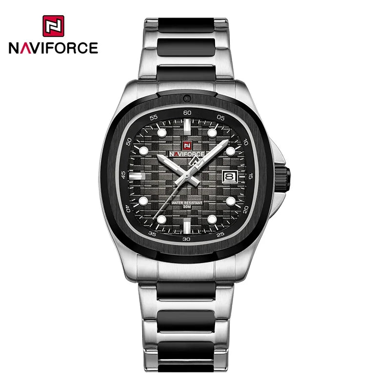 NAVIFORCE Fashion Men's Business Quartz Watch Stainless Steel Luminous Calendar Clock Male Square Dial Sports Wristwatch