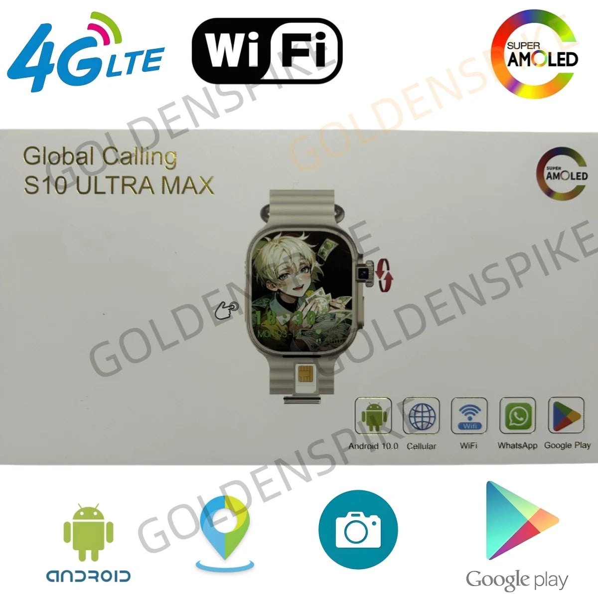 GOLDENSPIKE S10 Ultra MAX 4G Smartwatch Android Smart Watch With 448*528 180° Rotary Camera GPS WIFI Video Call NFC App Download