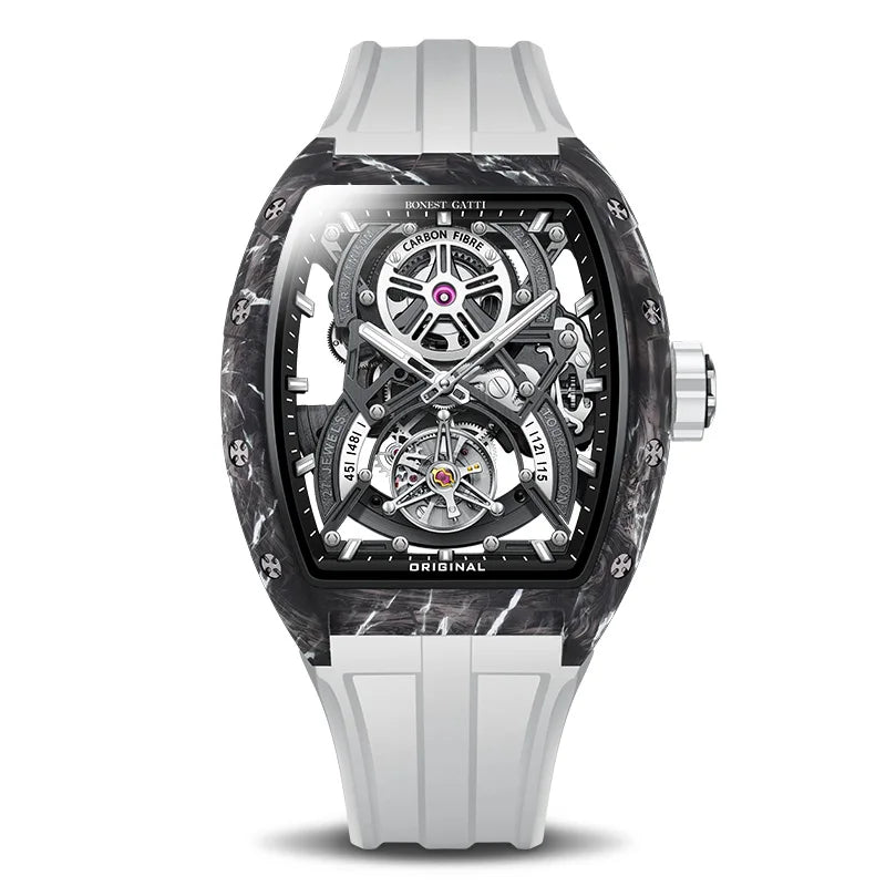 BONEST GATTI 2025 New Luxury Men Automatic Mechanical Tourbillon Skeleton Carbon Fiber Luminous Barrel Case Wristwatch