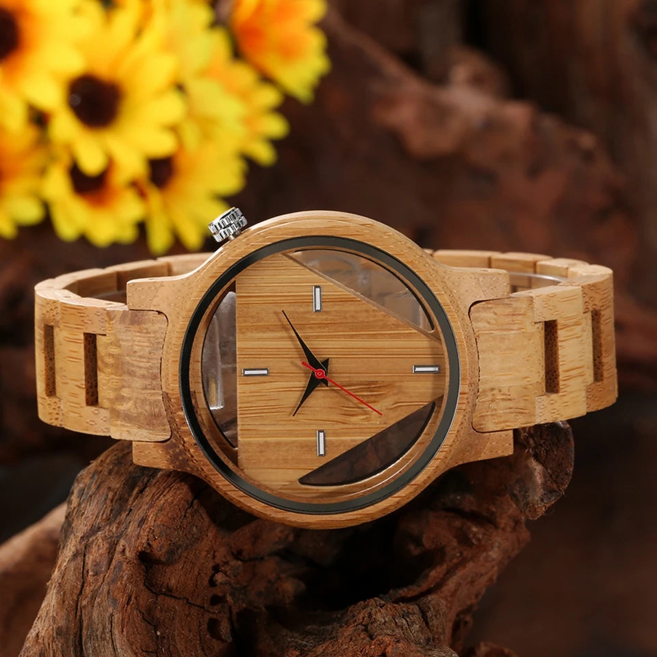 Bobo Bird Geometric  Watches Superb Inverted Triangle Bamboo Wooden Band Clock Male Full Wooden Quartz Wristwatches