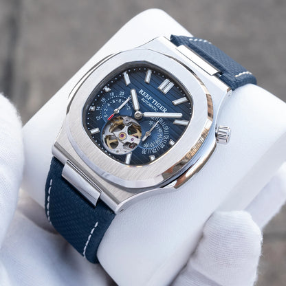 Reef Tiger Men Automatic Watch Luxury 44mm Square Mechanical Wristwatch Sapphire Luminous Skeleton Dial Date 24 Hours
