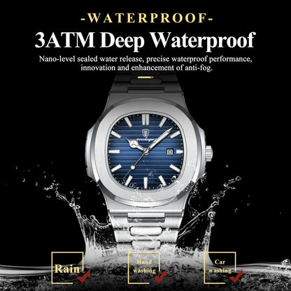 POEDAGAR Square Luxury Men Wristwatch Waterproof Luminous Date Stainless Steel Male Clock Business Sports Quartz Watches For Me