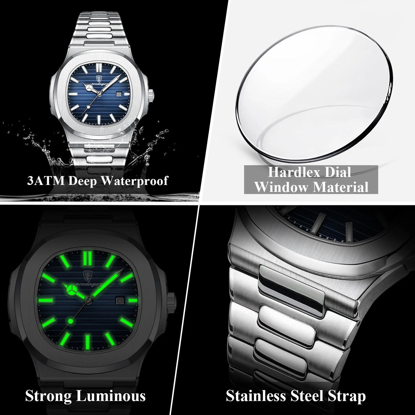 POEDAGAR Square Luxury Men Wristwatch Waterproof Luminous Date Stainless Steel Male Clock Business Sports Quartz Watches For Me