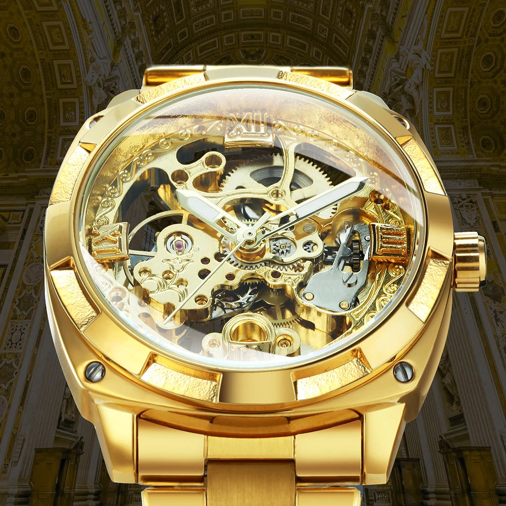 Forsining Gold Mens Watches Top Brand Luxury Skeleton Automatic Mechanical Watch for Men Stainless Steel Band Fashion Wristwatch