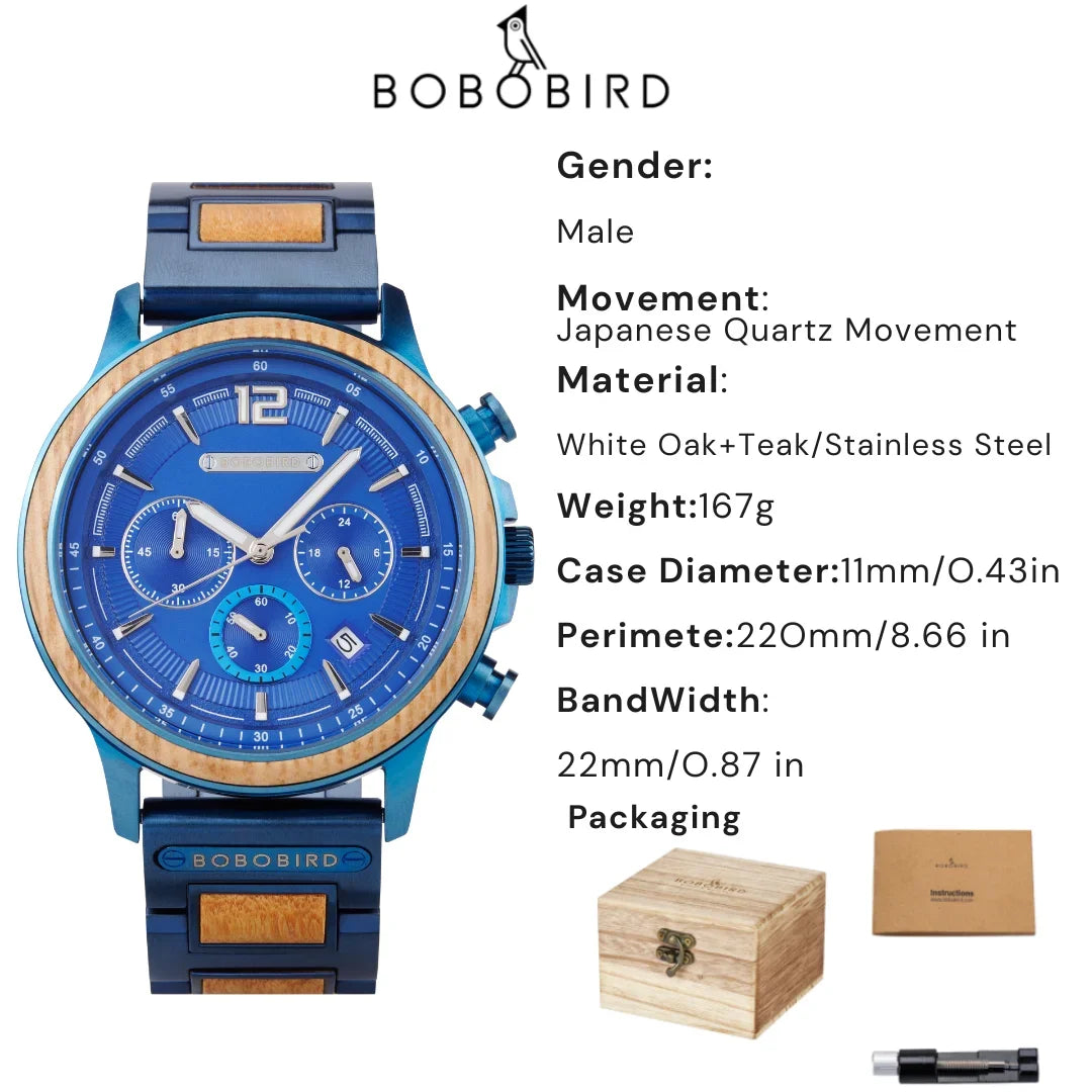 BOBOBIRD High Quality Men's Wood Watch Quartz Chronograph with Date Stainless Steel Wristwatch Gift for Him Support Dropshipping