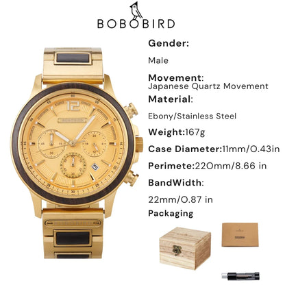 BOBOBIRD High Quality Men's Wood Watch Quartz Chronograph with Date Stainless Steel Wristwatch Gift for Him Support Dropshipping