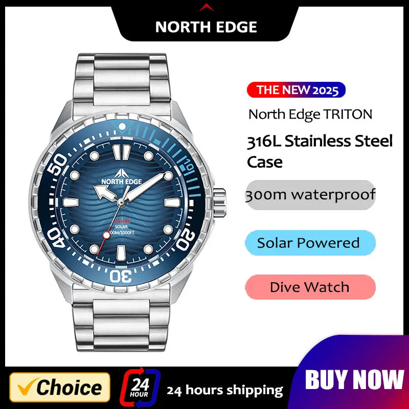 NORTH EDGE 2026 New TRITON Solar Powered Dive Watch Men Luxury Quartz Watches For Men 316L Stainless Steel Case Waterproof 300M