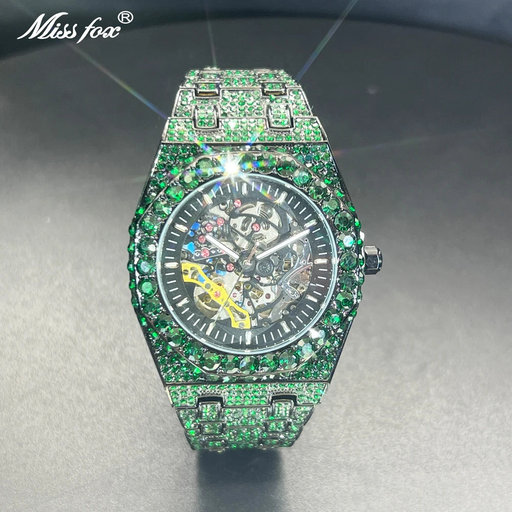 Automatic Watch For Men Luxury Full Green Ice Out Business Tourbillon Watches Bling Diamond Gold Male Mechanical Wristwatch