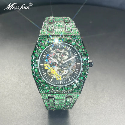 Automatic Watch For Men Luxury Full Green Ice Out Business Tourbillon Watches Bling Diamond Gold Male Mechanical Wristwatch
