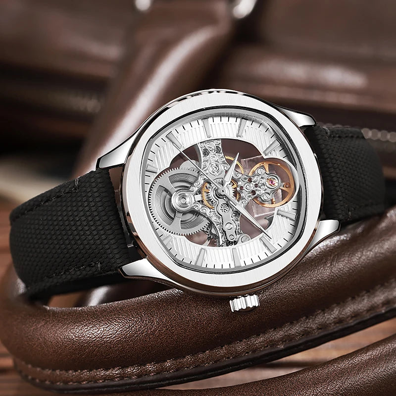 Lnverted Tourbillon Design Watch Leather Strap Waterproof Luxury Sports Men Skeleton Automatic Mechanical Watch