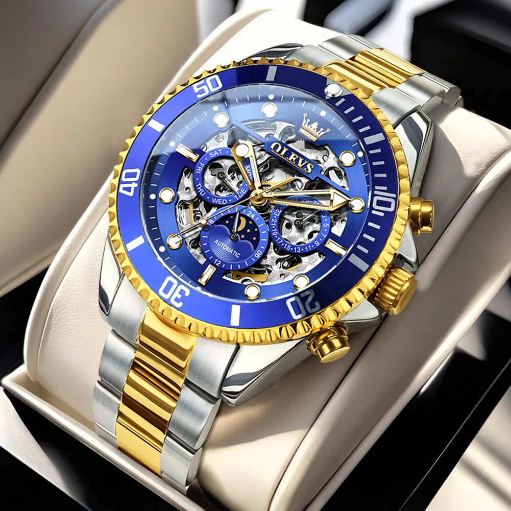 OLEVS 6715 Men's Watch Hollow Date Automatic Mechanical Watch For Men 43mm Big Dial Moon Phase Fashion Waterproof Man Wristwatch