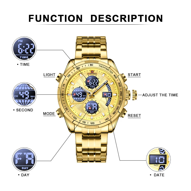Top Luxury NAVIFORCE Gold Watches for Men Quartz Military Digital Sports Wrist Watch Steel Band Waterproof Luminous Alarm Clock