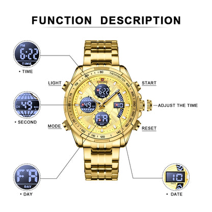 Top Luxury NAVIFORCE Gold Watches for Men Quartz Military Digital Sports Wrist Watch Steel Band Waterproof Luminous Alarm Clock