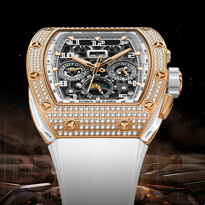 BONEST GATTI Automatic Watch Tonneau Mechanical Wristwatch Diamond Bezel Rubber Strap Watches For Men