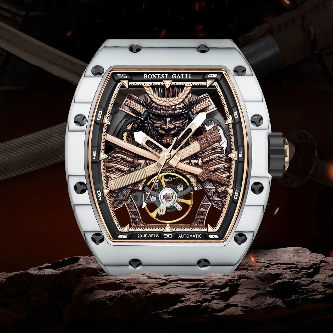 BONEST GATTI Men Automatic Watch 42*54mm Tonneau Carbon Fiber Mechanical Wristwatch Luminous Ninja Dial Sapphire Mirror