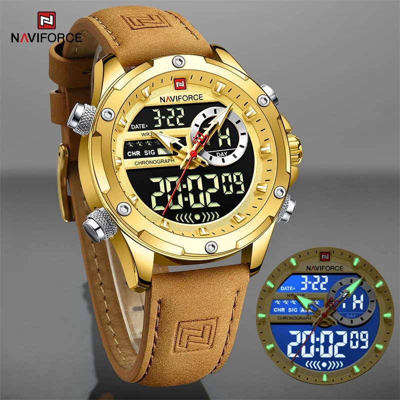 NAVIFORCE Original Men's Dual Time Luxury Sport Watch Casual Chronograph Alarm Quartz Wristwatch Leather Strap Waterproof Clock