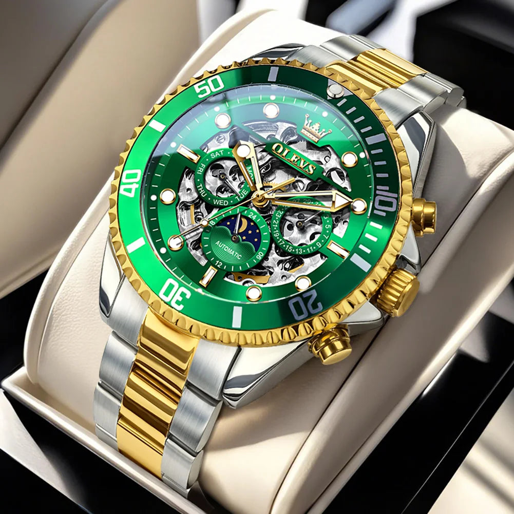 OLEVS 6715 Men's Watch Hollow Date Automatic Mechanical Watch For Men 43mm Big Dial Moon Phase Fashion Waterproof Man Wristwatch