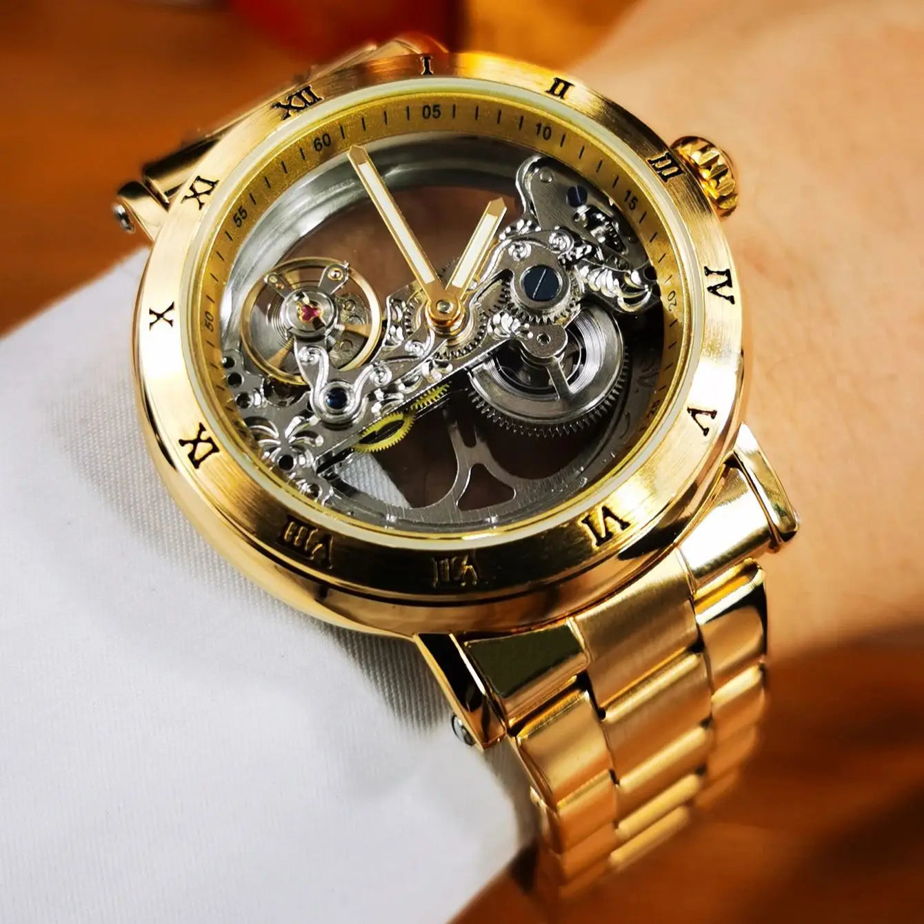 Forsining Luxury Skeleton Automatic Mechanical Watch for Men Golden Bridge Dial Steel Leather Strap Business Mens Watches Gifts