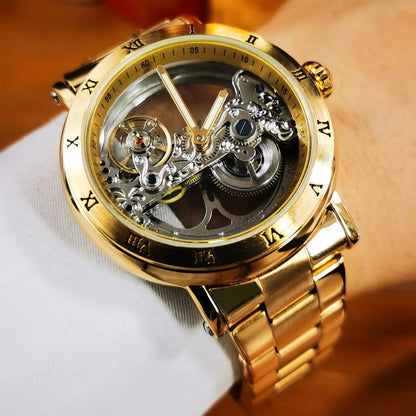 Forsining Luxury Skeleton Automatic Mechanical Watch for Men Golden Bridge Dial Steel Leather Strap Business Mens Watches Gifts