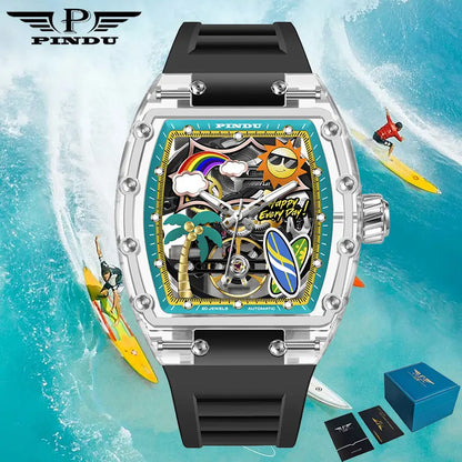 PINDU Watch Unique Dial Design Style Men Mechanical Watch Summer Beach Fashion Watch Glowing Waterproof Resin Automatic Watches
