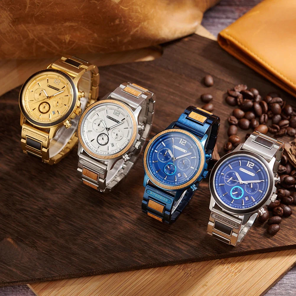 BOBOBIRD High Quality Men's Wood Watch Quartz Chronograph with Date Stainless Steel Wristwatch Gift for Him Support Dropshipping