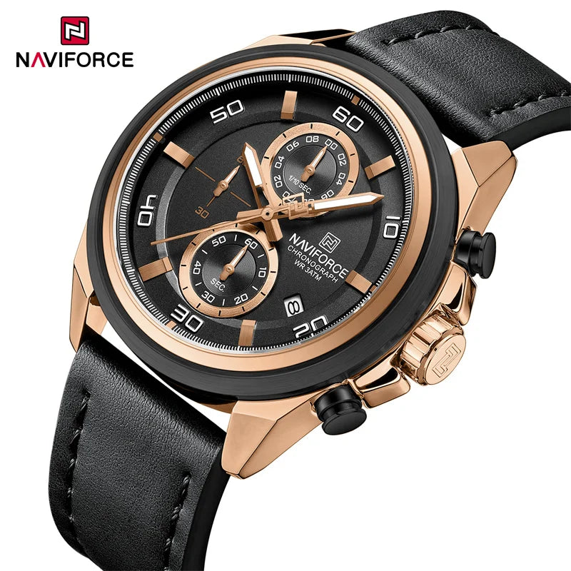 NAVIFROCE Business Casual Mens Watch 3ATM Water-Resistant Calendar Luminous Dial With Leather Strap For Gifts Original Design