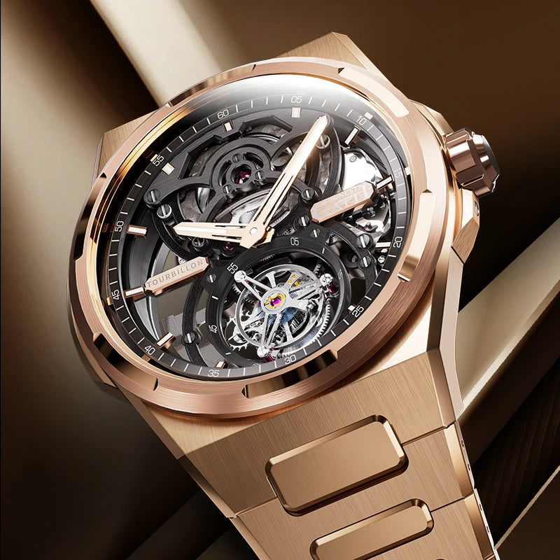 BONEST GATTI New Infinite Series Watch Men Tourbillon Full Automatic Mechanical Skeleton Wristwatch Stainless Steel Strap