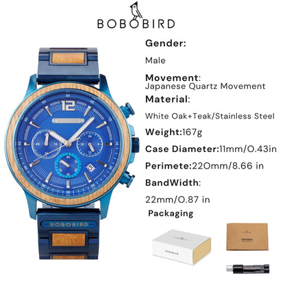BOBOBIRD High Quality Men's Wood Watch Quartz Chronograph with Date Stainless Steel Wristwatch Gift for Him Support Dropshipping