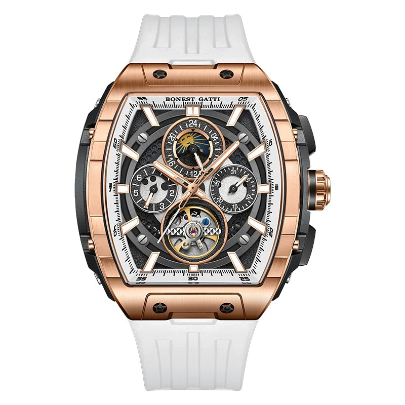 BONEST GATTI Men Automatic Watch 47 mm Tonneau Mechanical Wristwatch Waterproof Sapphire Luminous Multi-Dial Week Date 24 Hours