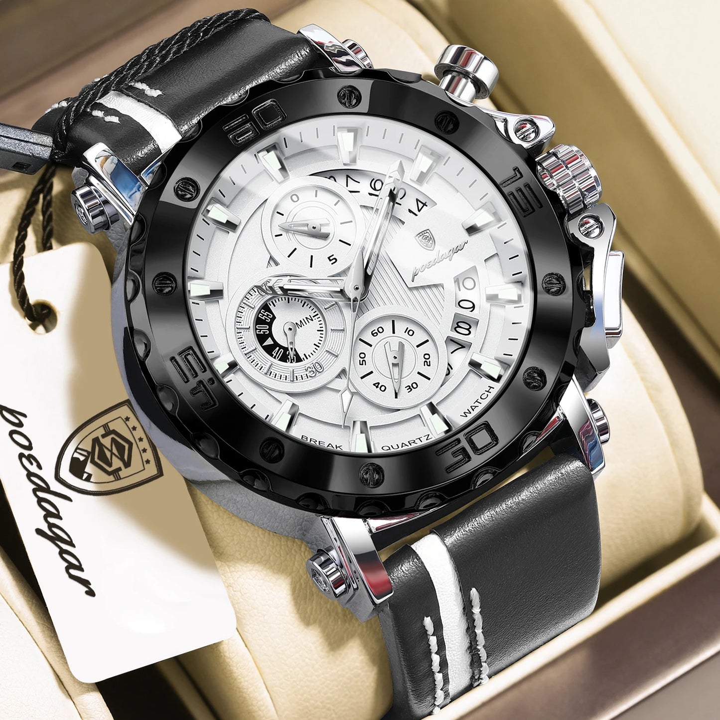 POEDAGAR Original Watches For Man Waterproof Luminous Date Fashion Male Clock Chronograph Leather Quartz Sports Men's Wristwatch