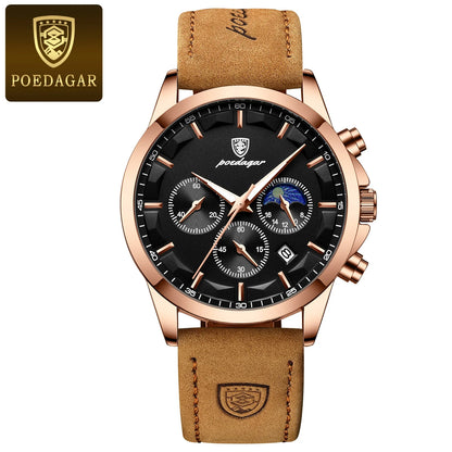 POEDAGAR Original Military Men Clock Waterproof Luminous Leather Quartz Man Watch Chronograph Date Luxury Business Men's Watches