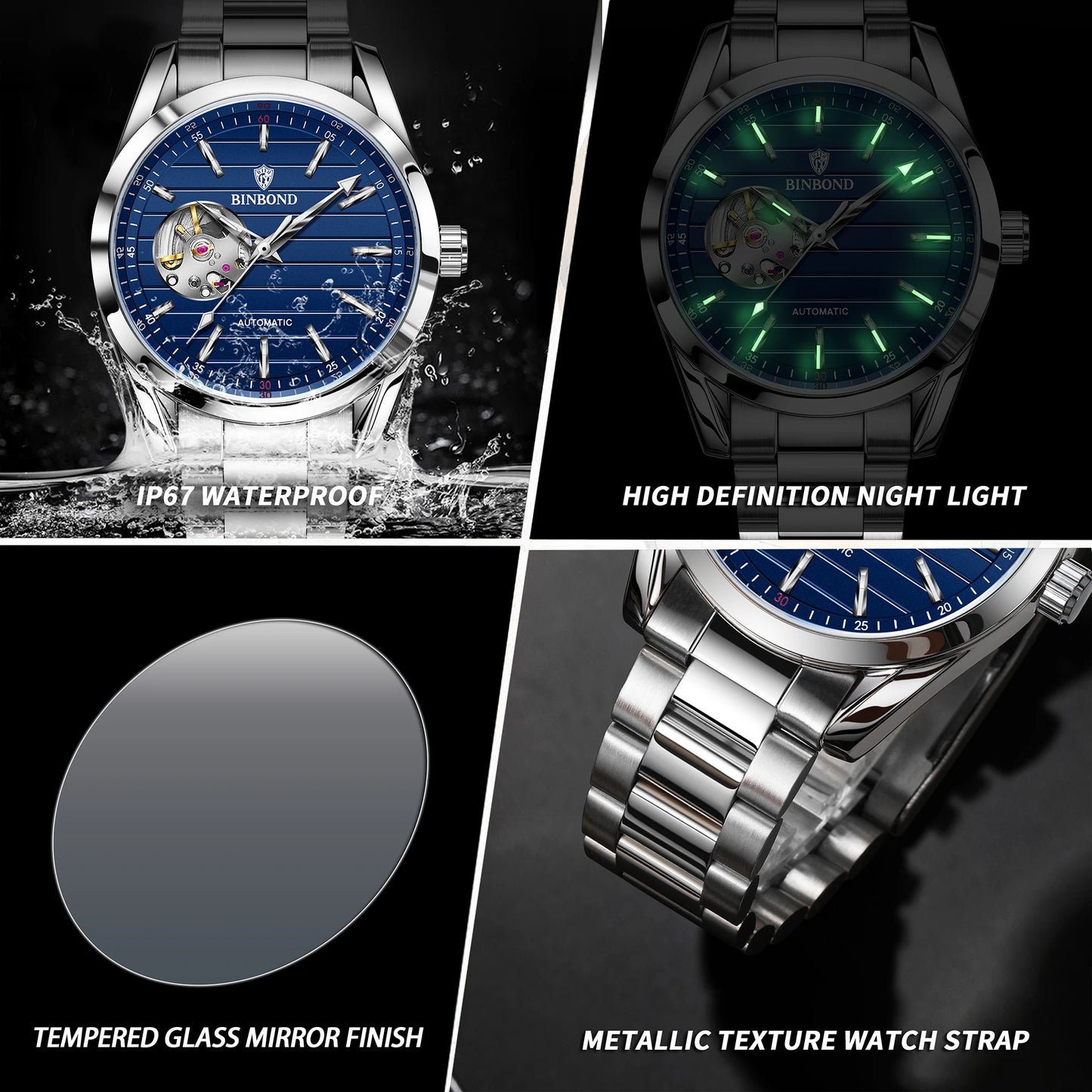 BINBOND Luxury mechanical wristwatches for men luminous waterproof automatic tourbillon men's watch vintage skeleton reloj