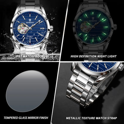 BINBOND Luxury mechanical wristwatches for men luminous waterproof automatic tourbillon men's watch vintage skeleton reloj