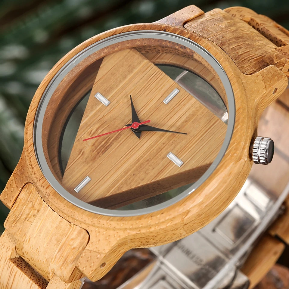 Bobo Bird Geometric  Watches Superb Inverted Triangle Bamboo Wooden Band Clock Male Full Wooden Quartz Wristwatches