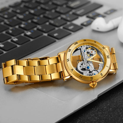 Forsining Luxury Skeleton Automatic Mechanical Watch for Men Golden Bridge Dial Steel Leather Strap Business Mens Watches Gifts