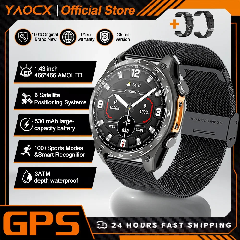 2026 New Men Smart Watch with Built in GPS Maps BT Call 100+ Sport Modes 3ATM Waterproof MP3 MP4 Playback Altitude Compass