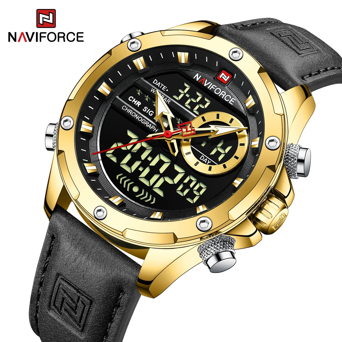 Naviforce Mens Original Watches 2025 Men Fashion Sports Waterproof Luxury Corium Strap Men Wristwatch with Calendar Dual Display