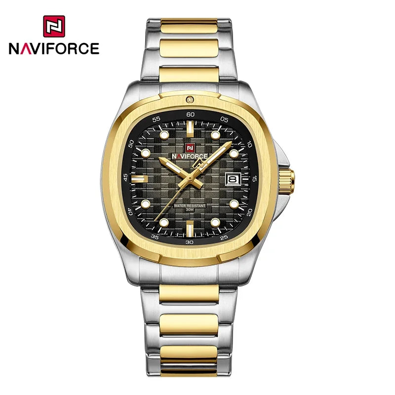 NAVIFORCE Fashion Men's Business Quartz Watch Stainless Steel Luminous Calendar Clock Male Square Dial Sports Wristwatch