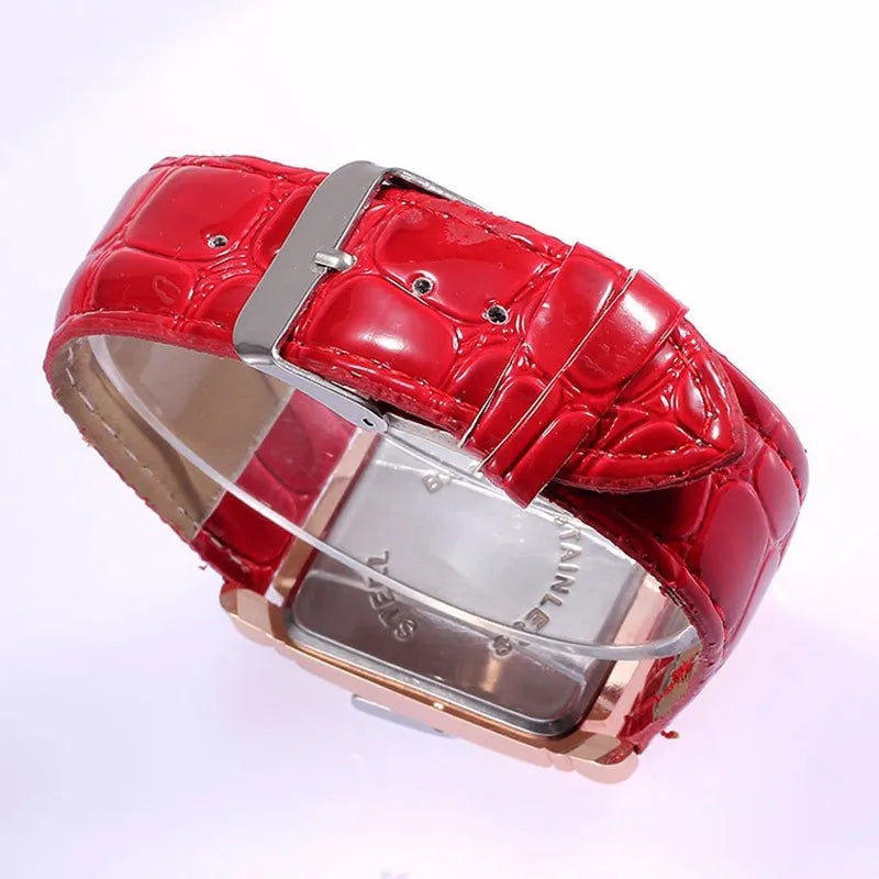 Fashion Women Watches Luxury Metal Rose Gold Square Ladies Quartz Wristwatch Rectangle Red Leather Female Clock