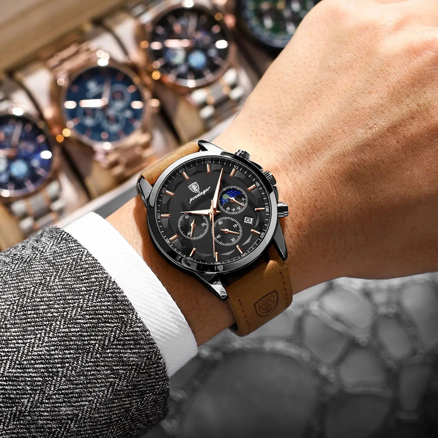 POEDAGAR Original Military Men Clock Waterproof Luminous Leather Quartz Man Watch Chronograph Date Luxury Business Men's Watches
