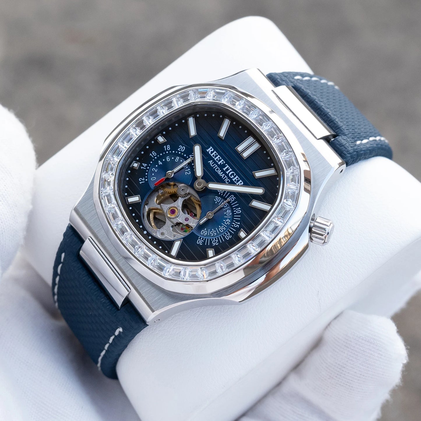 Reef Tiger Men Automatic Watch Luxury 44mm Square Mechanical Wristwatch Sapphire Luminous Skeleton Dial Date 24 Hours